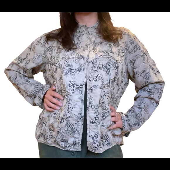 CHICO’S Silk Textured Eclectic Grandma-Style Abstract Jacket Vintage Core Layer - Picture 11 of 11
